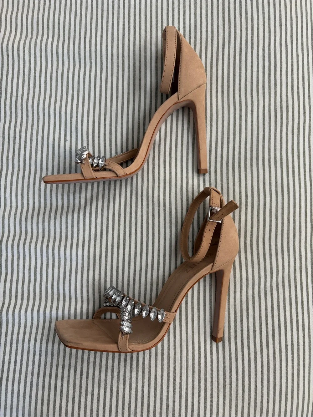 SCHUTZ Tan Crystal-Embellished Ankle-Strap Heels